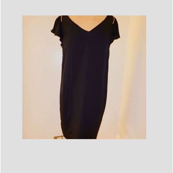 BASIC DRESS SMALL NEW VISCOSE-LINED BLACK CRAPE DRESS WITH ROSE DETAIL - Picture 13 of 14